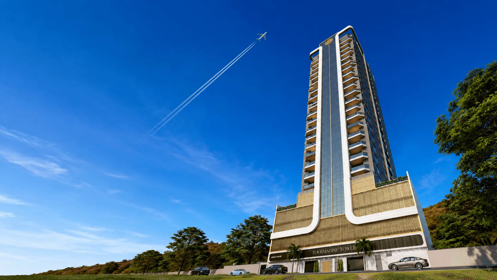 Render externo do Tourmaline Tower, trinta e um andares em Porto Belo
